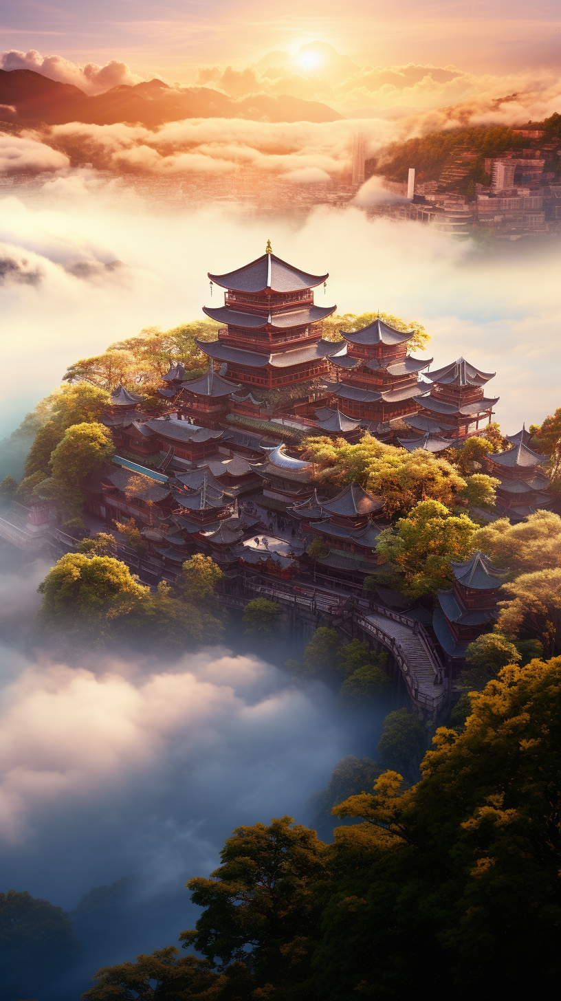 人间仙境：古镇云海下的唯美竹柳景观AI绘画-ai绘画关键词-ai绘画描述词-AI小聚