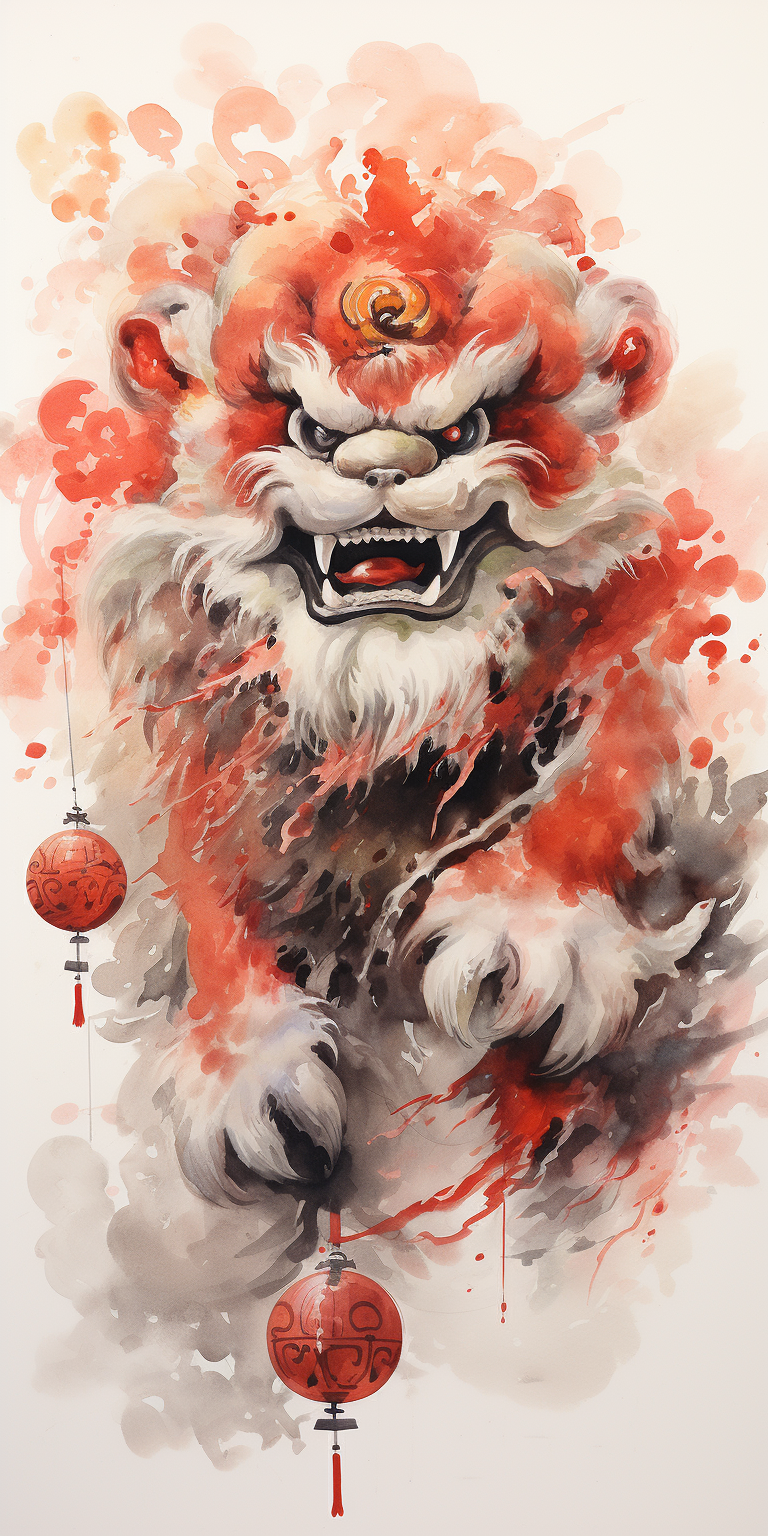 中国醒狮祥瑞喜庆新中式水墨可爱风AI绘画-ai绘画关键词-ai绘画描述词-AI小聚