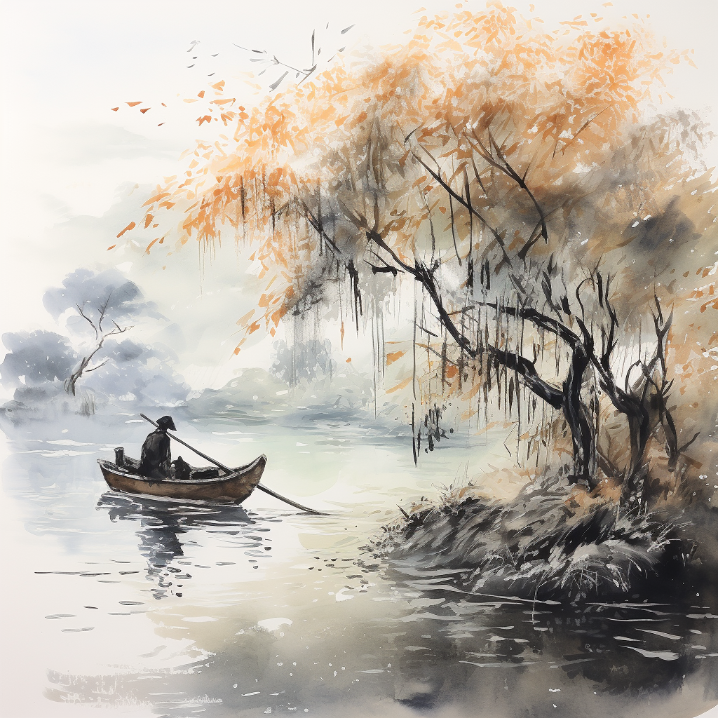 中国风水墨画:一条大河,两岸垂柳,一叶轻舟游河上,艄公身披蓑衣AI绘画-ai绘画关键词-ai绘画描述词-AI小聚